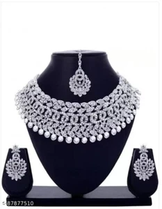 Rhodium Plated Jhumka Earrings Indian Bollywood Choker Necklace Jewelry Set - Picture 1 of 5