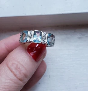  Rhodium Platinum Over 925, Emerald Cut Aquamarine & 16 Accent Diamonds  - Picture 1 of 14