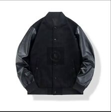 Men's Varsity Bomber Black Wool & Black Genuine Leather Sleeves Letterman Jacket