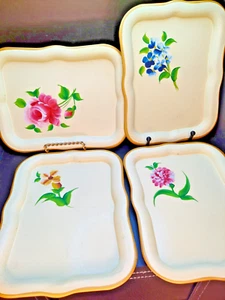 Vtg metal Sandwich trays handpainted flowers set of 4 nashco USA Cottage Core - Picture 1 of 6