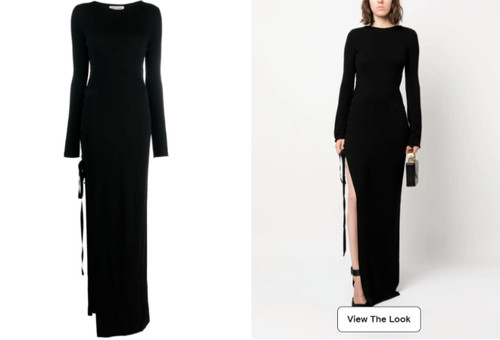 SAINT LAURENT (YSL) Maxi abito SAINT LAURENT YSL nero con nastro stringato fessura laterale lana M = 6 = 38 NUOVO
