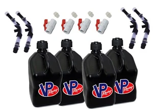 VP Racing 4 Pack Black Square 5 Gallon Fuel Jugs+Hose, Hose Bender, & Ball Valve - Picture 1 of 1