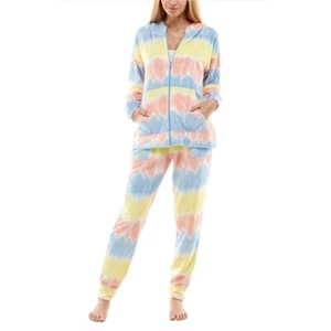 Roudelain Hoodie Paperbag Waist Jogger Pants Lounge Set Big Band Tie Dye White L - Picture 1 of 3