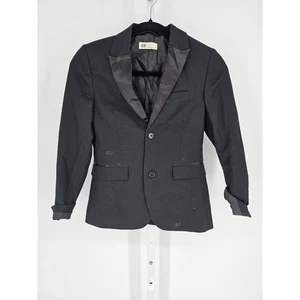 H&M Boys Sz 10-11 Classic Black 2 Button Tuxedo Blazer Formal Jacket Satin - Picture 1 of 4