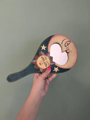 Espejo celestial hecho a mano madera pintada sol luna capricho boho arte de pared Foto 1 de 4