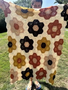 Vintage Crochet Flower Blanket Multicolor Hexagonal Pattern Whimsical Cottage - Picture 1 of 13