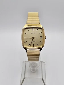 Vintage 1980s Enato Mens Gold Tone Date Watch Stainless Steel Gold Dial Runs - Picture 1 of 24