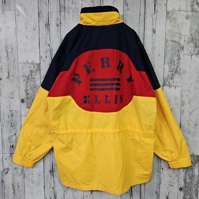 PERRY ELLIS Full-zip Nylon Jacket Yellow Large print logo Embroidered - Image 1 of 4