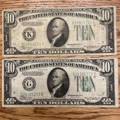 1934A $10 Ten Dollar Fed Res Notes Lot 2 - K18854211A G24181273B, Circulated - Image 1 of 4