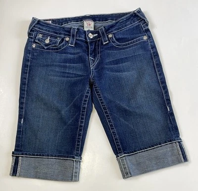 True Religion Sophie Denim Capri tiro bajo talla 29 puños bermuda botón piedra Foto 1 de 4