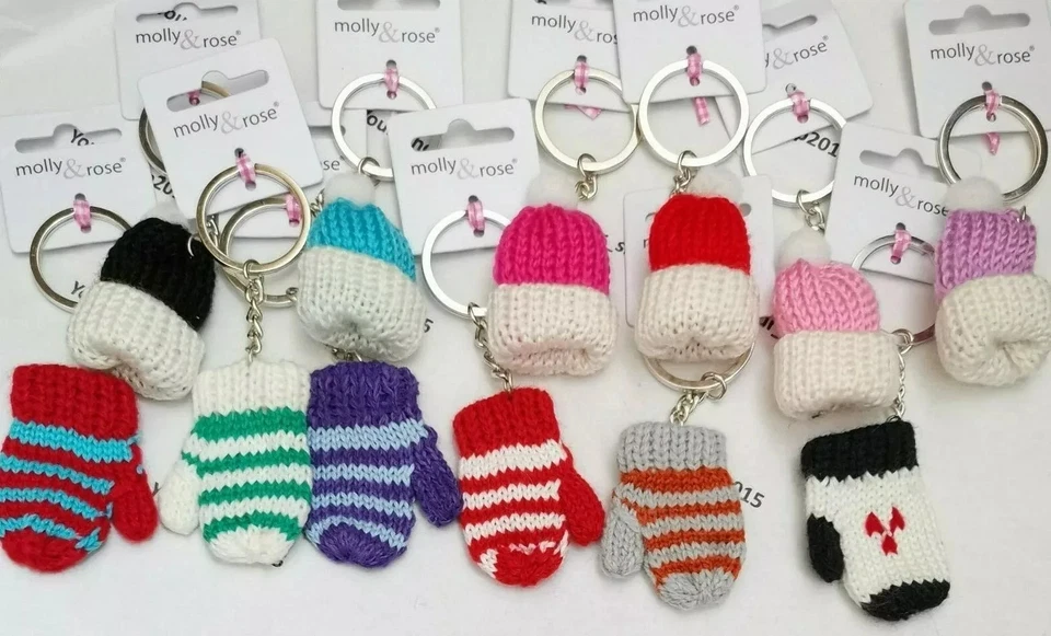8 MULTI KNITTED BOBBLE HAT GLOVES MITTEN KEYRING CHARM XMAS CHRISTMAS GIFT - Image 1 of 1