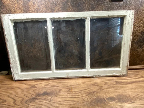 Antique Farmhouse Window w Original Glass ~ 3 Pane ~ White chippy paint Cover