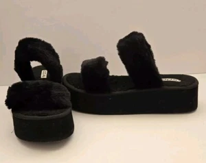 Womens Faux Fur Black Platform Slide Slippers Sandals US Size 10 Fuzzy Slide - Picture 1 of 4