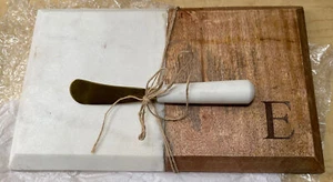 Mud Pie Stained Wood & White Marble Cheese Board with Brass Look Spreader ‘E’ - Picture 1 of 12