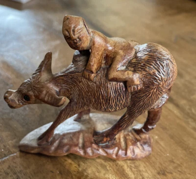 Antigua figura asiática de madera tallada Yak Man China India Heard Boy Water Buffalo Foto 1 de 3