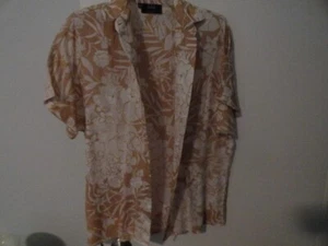 VINTAGE BEHAR SIZE 10 LINEN BUTTON UP SHIRT WHITE/TAN FLORAL EXCELLENT - Picture 1 of 4
