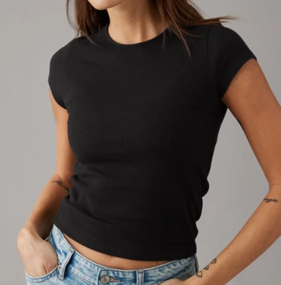 Camisetas sin mangas acanaladas American Eagle Hey Baby para mujer talla pequeña negras nuevas con etiquetas Foto 1 de 4