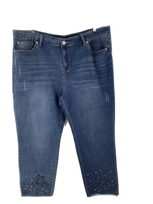 Avenue Woman 24W Jeans Blue Ankle Straight Leg Rhinestones Raw Hem Distressed - Image 1 of 4