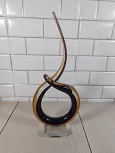 Murano Trophy Style Abstract Art Glass Love Knot MCM Vintage 60s Black & Amber - Picture 1 of 7