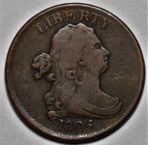 1805 Draped Bust Half Cent - Medium 5/Stemless - US 1/2c Copper Penny - L37 Cover