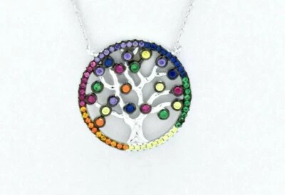 925 Sterling Silver Rainbow Multicolor Sapphire Tree of Life Pendant Necklace - Image 1 of 4
