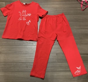 Vintage Rare Trisha’s Inc. 1999 Womens Size M (2) Piece Shirt Pant set Red Cat - Picture 1 of 8