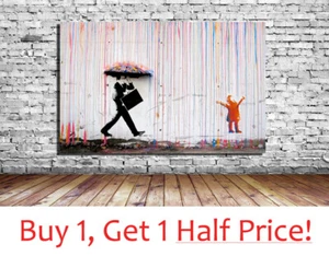 BANKSY CANVAS UMBRELLA GIRL : COLOURED RAIN WALL ART PRINT : Various Sizes - Picture 1 of 4