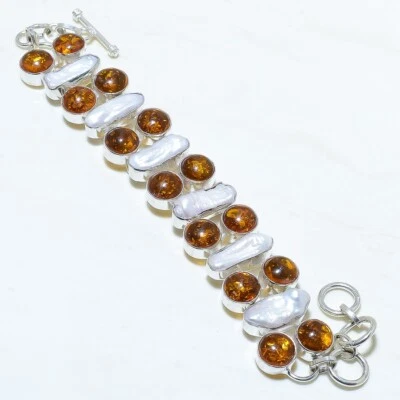 Baltischer Bernstein, Biwa-See Perle Edelstein Silber Schmuck Big Armband - Bild 1 von 2