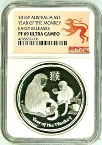 2016 P Australia PROOF Silver Lunar Year of the Monkey NGC PF 69 1 oz Coin ER - Picture 1 of 4