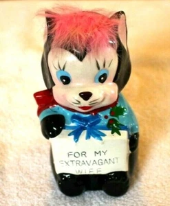 MID-CENCURY CAT BANK " FOR MY EXTRAAGANT WIFE", CERAMIC Japan 6" PINK FUZZY HAIR - Picture 1 of 4