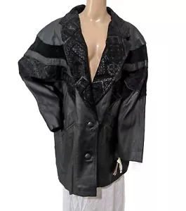Women Black Leather suede Coat Vintage Preston York Plus Size 2x New Nwt Floral - Picture 1 of 10