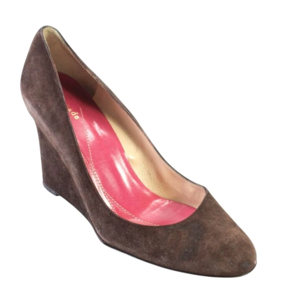 Kate Spade Vinatge 棕色麂皮绒楔形高跟鞋杏仁鞋头经典高跟鞋 9 码 — 第 1/4 张图片