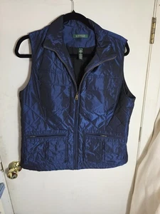 LAUREN Ralph Lauren Utility Vest Women XL Blue Outdoor Quilted Shiny Pockets - Picture 1 of 11