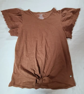 Camiseta Lucky Brand Rust Cuello en V Corbata Cintura Mangas Ojales Talla M 8-10 Boho Chic Foto 1 de 4