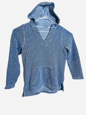 Faherty Hooded Sweater Womens Small Blue Herringbone Knit Kangaroo Pocket V Neck - Image 1 of 4