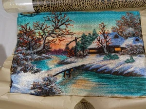 Vintage Silk Embroidered Winter Home on Water Scene 12" x 8" Great Multicolored - Picture 1 of 20