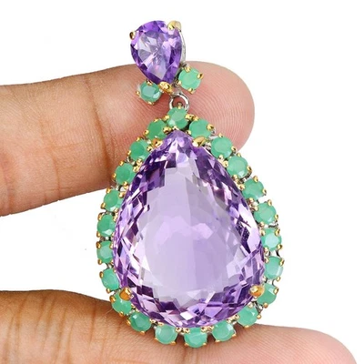 Colgante de plata de ley 925 pera amatista 69 quilates esmeralda hecha a mano joyas de piedras preciosas Foto 1 de 4