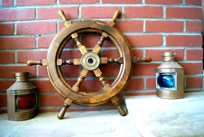 Nautical Wooden Ship Steering Wheel Pirate Decor Wood Brass 18" Wall Boat DECOR - Image 1 of 4