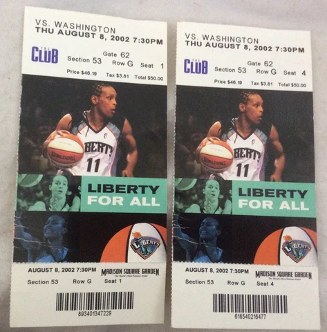 WNBA New York Liberty VS. Washington, Madison Square Ticket Stubs (2) 8/8/2002 Cover
