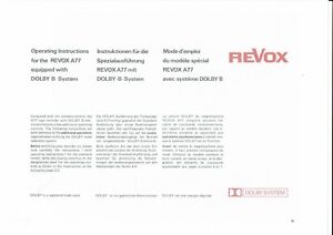 Revox A 77 mit Dolby B Bedienungsanleitung  Dolby is a reg. trade mark Copy