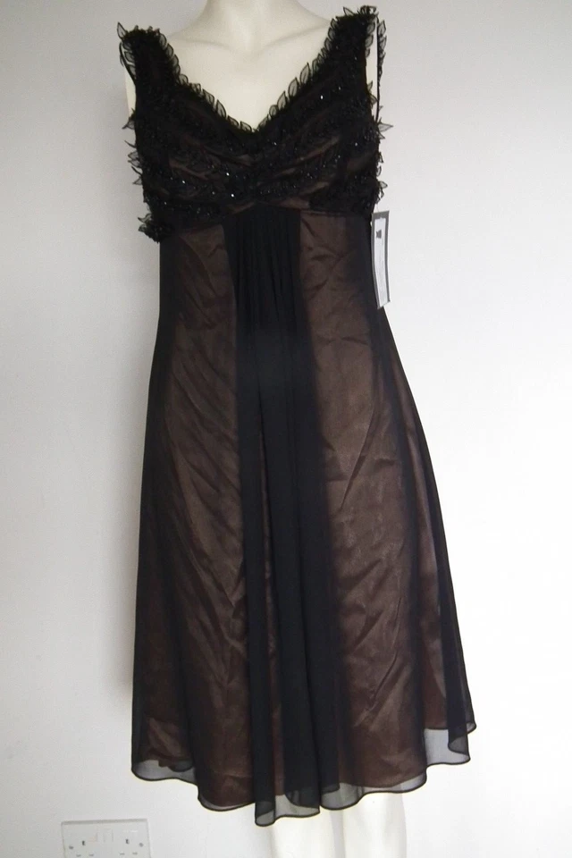 JS BOUTIQUE Laurel Leaf Black/Brown Bead Over Lace Evening Dress Size UK 8 - Image 1 of 4