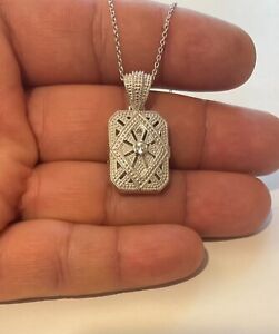 DOUBLE SQUARE LOCKET NECKLACE PENDANT SIMULATED DIAMONDS / 925 STERLING SILVER 