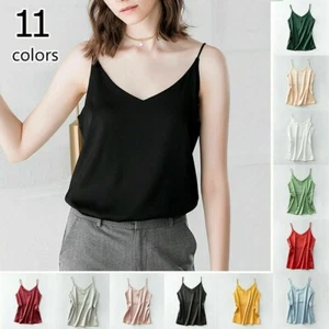 Damen Kunstseide Weste Satin Tank Top V-Ausschnitt Sling ärmellose Bluse einfarbig - Bild 1 von 22