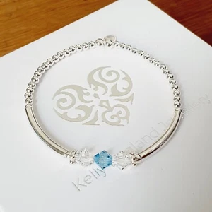 Sterling Silver Swarovski Crystal March Birthstone Beaded Bracelet - Picture 1 of 4