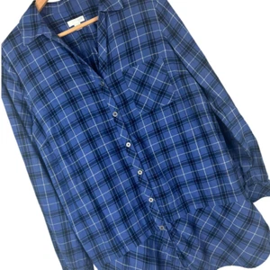 J. JILL Mujer S Azul Mezcla Cuadros Dobladillo Curvo Túnica Top Camisa Algodón Abotonada - Imagen 1 de 7