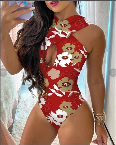 San Francisco 49ers Halter Front Cross Swimsuits Cut Out Swimwear Bathing Suit Cover