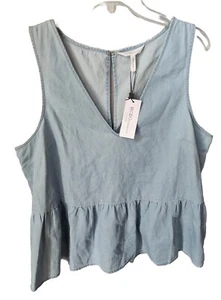 New BCBGeneration Women's Blouse Top Peplum Chambray V Neck Sleeveless Blue Sz L - Picture 1 of 7