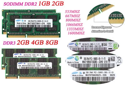 Samsung 8GB 2GB 4GB 8 GB DDR3 DDR2 5300 6400 10600 12800 Laptop Memory RAM Lot" - Image 1 of 4
