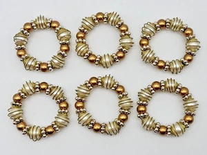 Elegant NAPKIN RINGS Gold and Pearl Beads Wire Wrapped 2” Set of 6 - Picture 1 of 4