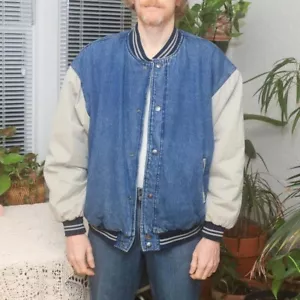 Denim Jacket Work Wear Blue and Beige Jeans Bomber Puffer Grunge Winter Jacket L - Picture 1 of 7
